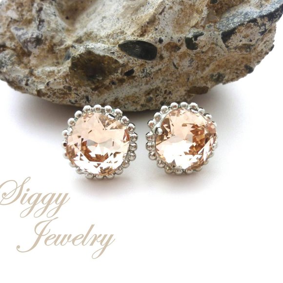 Cushion Cut Crystal Light Silk Solitaire Stud Earrings, 12mm Assorted Finishes - Picture 5 of 6